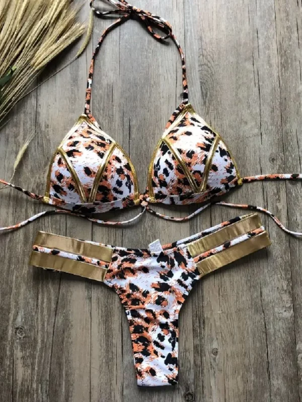 Maillot de bain sexy rembourré, estampage or, ensemble deux pièces, soutien-gorge push-up, bikini, pour femmes, vêtements de plage d'été, brésilien – Image 4